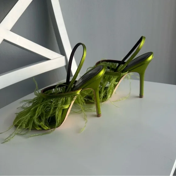 NWOT Staud Anise Feather-Trimmed Satin Heeled Sandals in Lime Green Size EU 36 - Picture 12 of 14